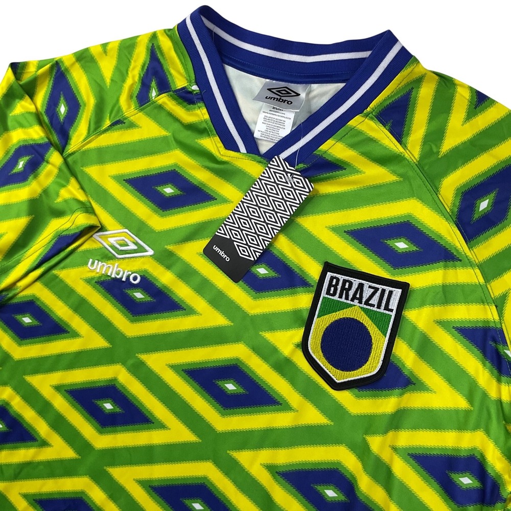 Umbro Brazil Soccer Jersey Mens Large Green Yellow Geometric Diamond Pattern NWT